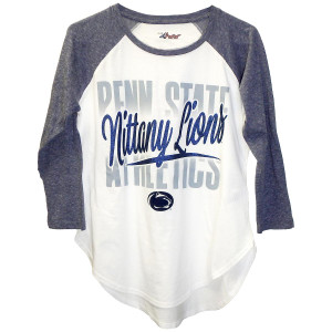 women's white 3/4 sleeve t-shirt with Penn State Athletics, Nittany Lions in glitter script, and Athletic Logo